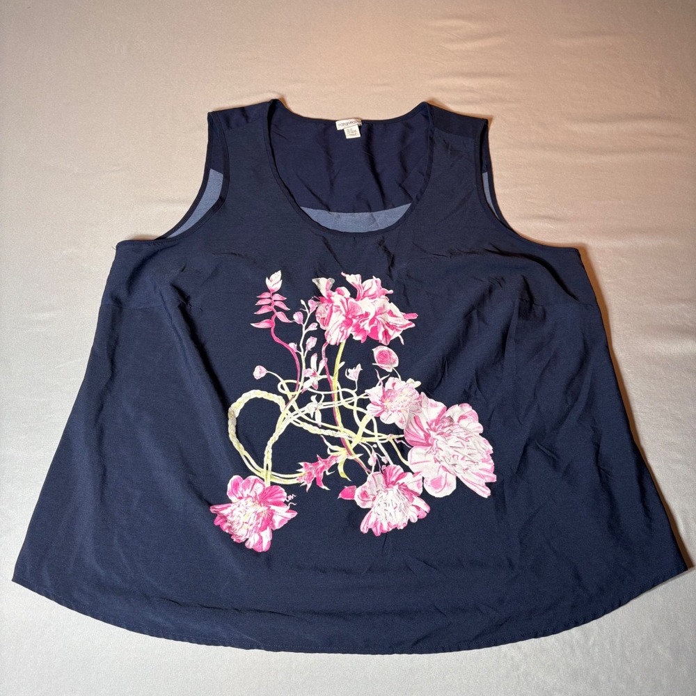 Paraphrase Womens 2X Navy Blue Pink Floral Graphic Scoop Neck Tank Top Flowy